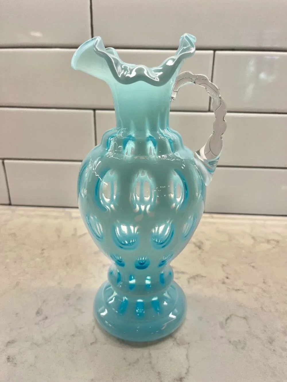 Vintage Fenton Art Glass Pitcher/Ewer in the Coin Dot Blue Opalescent Pattern